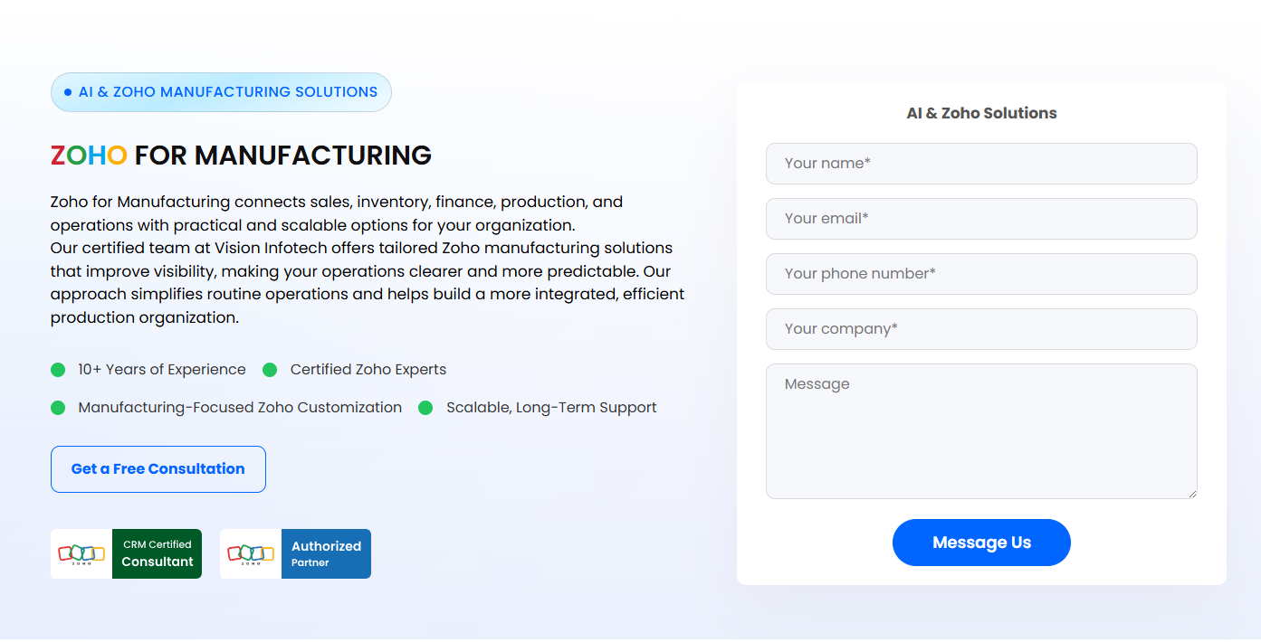 Zoho for Manufacturing | CRM And Inventory Solutions | Vision Infotech